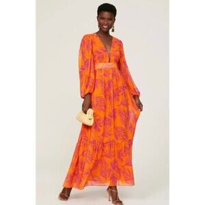 Palm Print Maxi Toccin Dress Orange Red Long Gown Cottagecore Size 8 $595